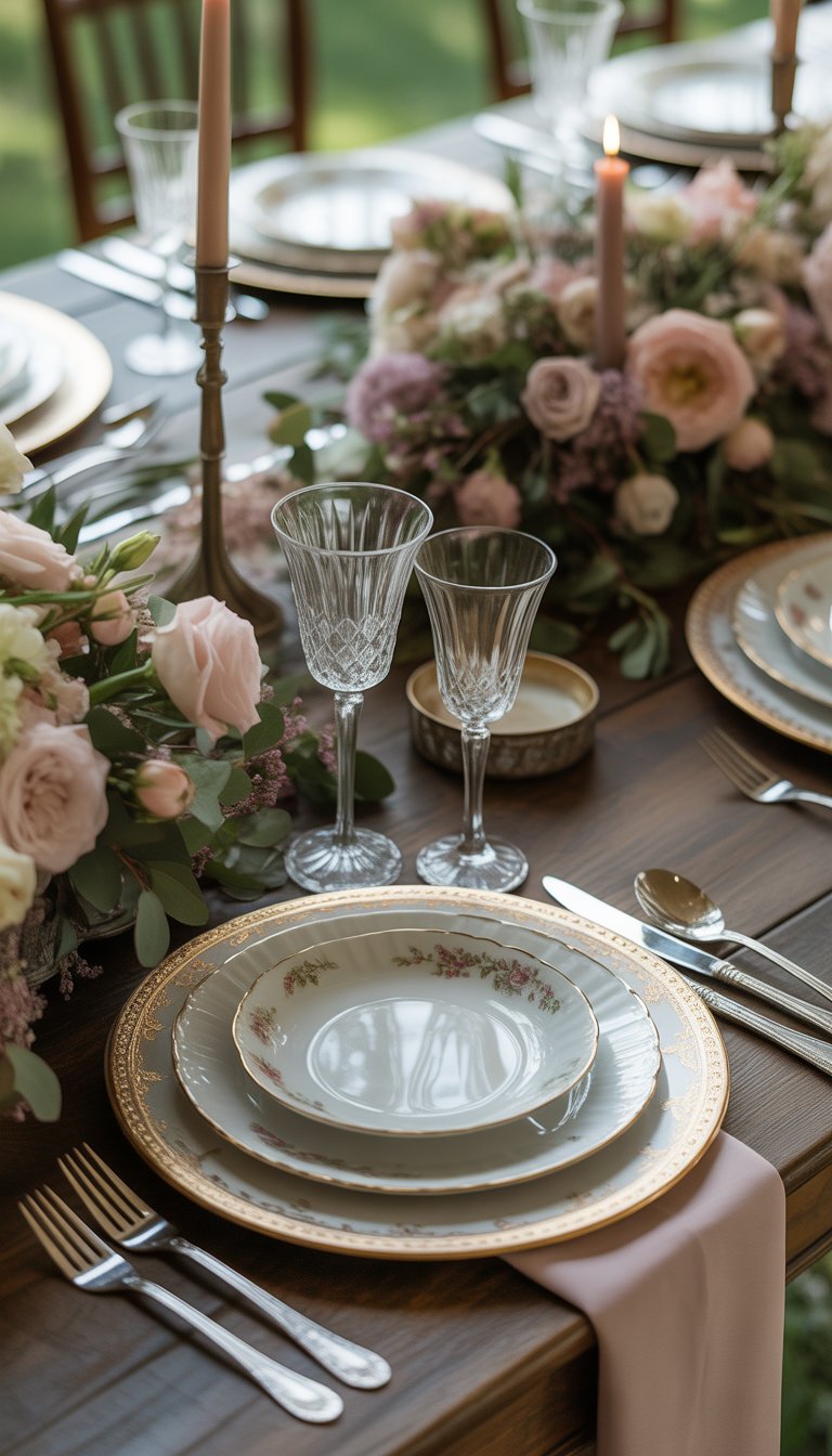 A beautifully set wedding dinner table with vintage china, glassware, floral centerpieces, and candles.
